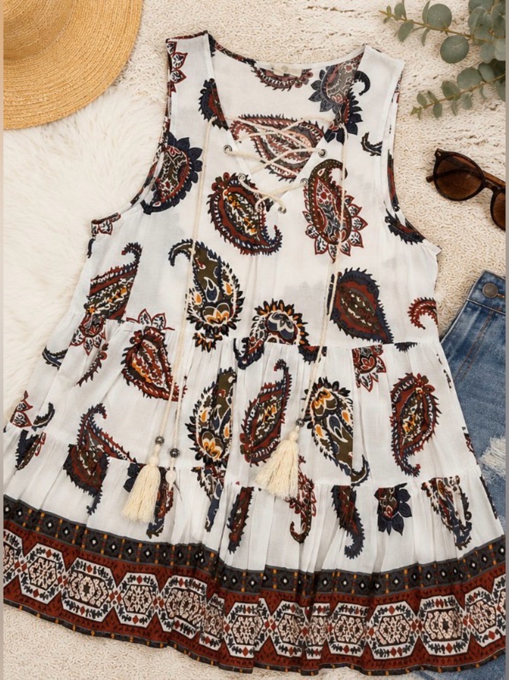 Entro Boho Paisley Tassel Babydoll Top Size Small